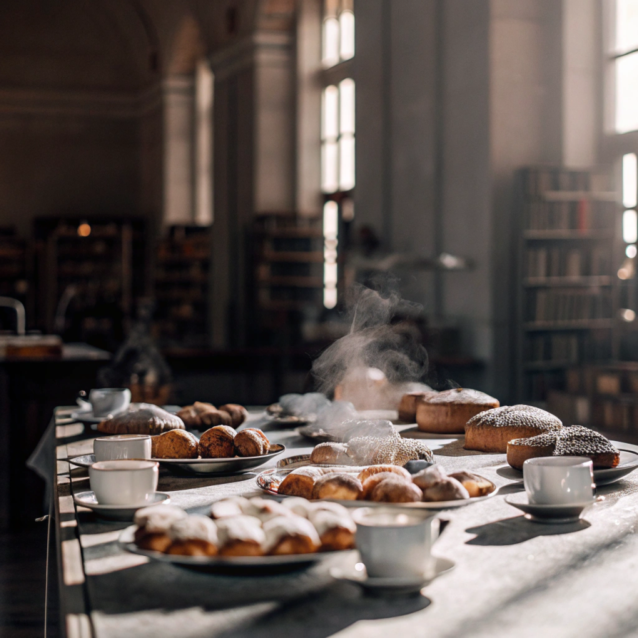Tisch in der Bücherei mit Kaffee und Mehlspeisen drauf